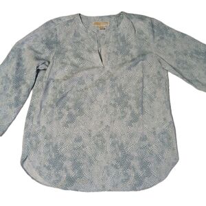 Michael Kors Women's V Neck Blouse in Blue and White Pattern Tie Sleeve